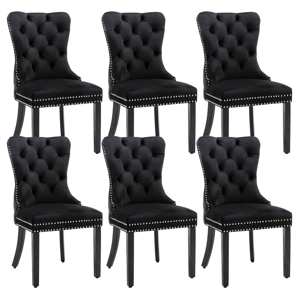 Eifizek Velvet Dining Chairs Set of 6, Tufted Dining Room Chairs with Nailhead Ring Pull Trim, Upholstered Dining Chairs with Solid Wood Legs for Kitchen Dining Room, Sillas De Comedor (Black)