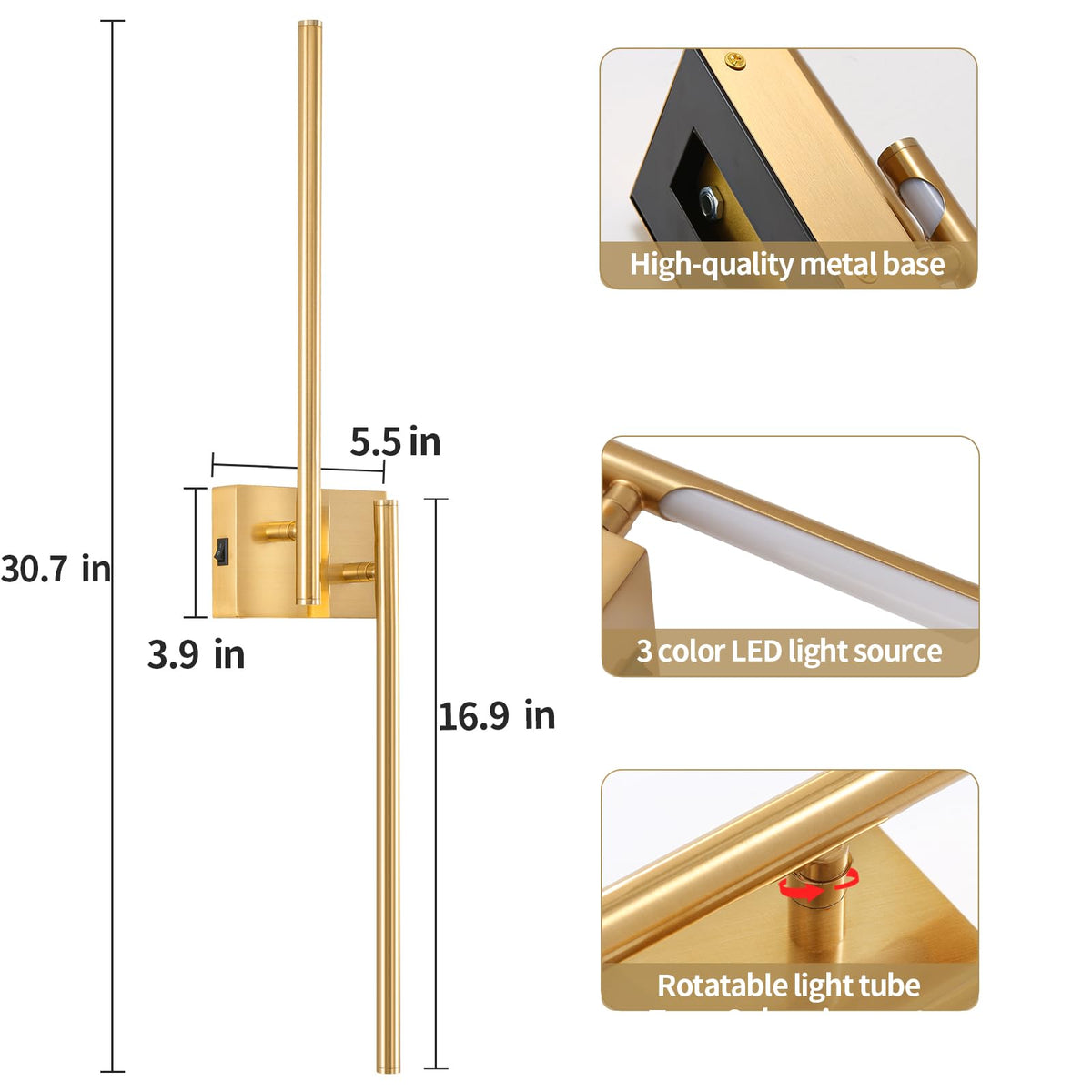 Zlierop Rotate Wall Sconces Battery Operated, 8000mAh Charge Battery Wall Sconces Set of Two, Wireless Wall Sconce with Memory Remote, Dimmable Wall Lights, Gold sconces Wall Decor Set of 2