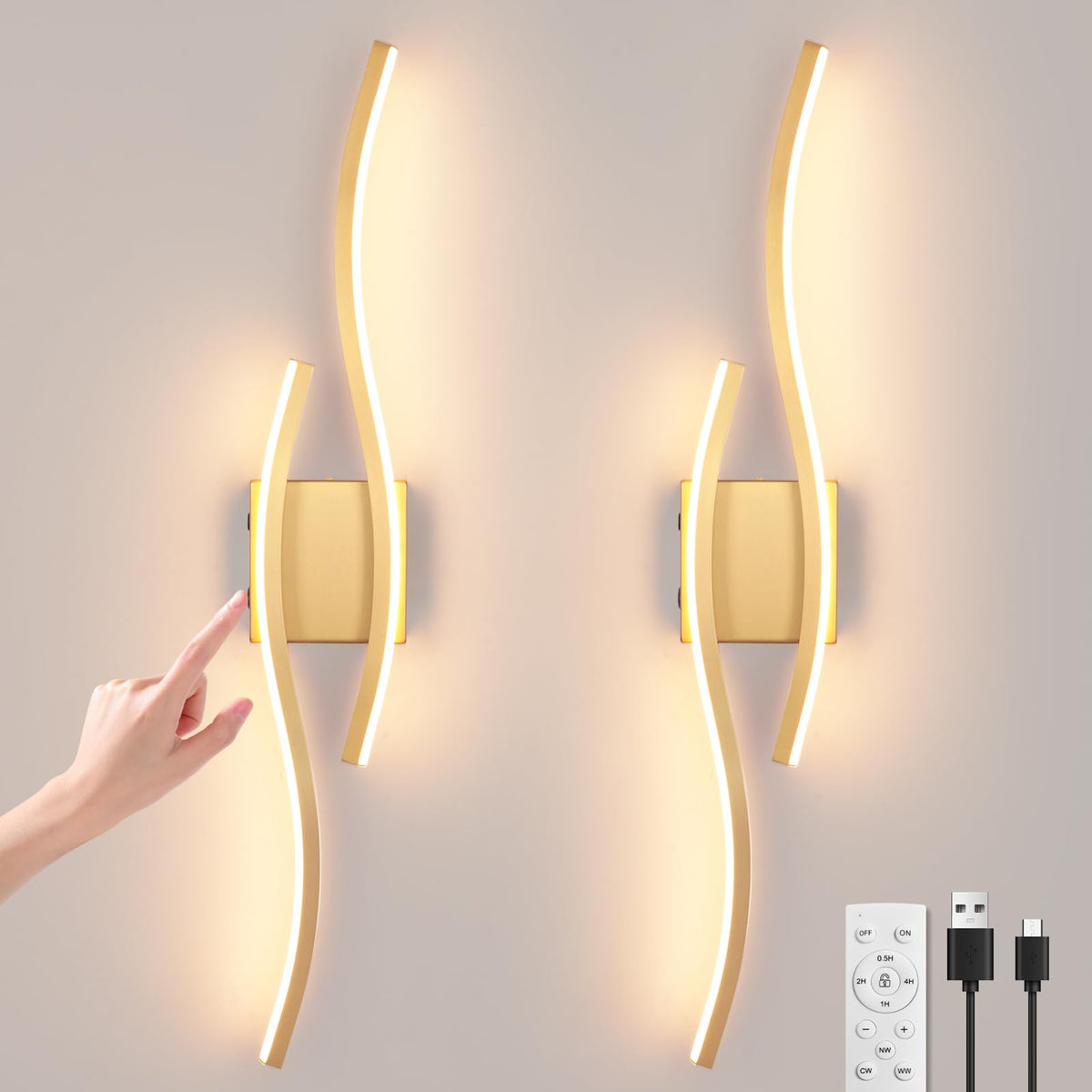 EIDEARAY Modern LED Wall Sconce Set of Two, Battery Powered Wall Sconces Set of 2 with Timer, Gold Wall Light with Remote, LED Wall Lamp Indoor not Hardwired for Bathroom Living Room Bedroom Corridor