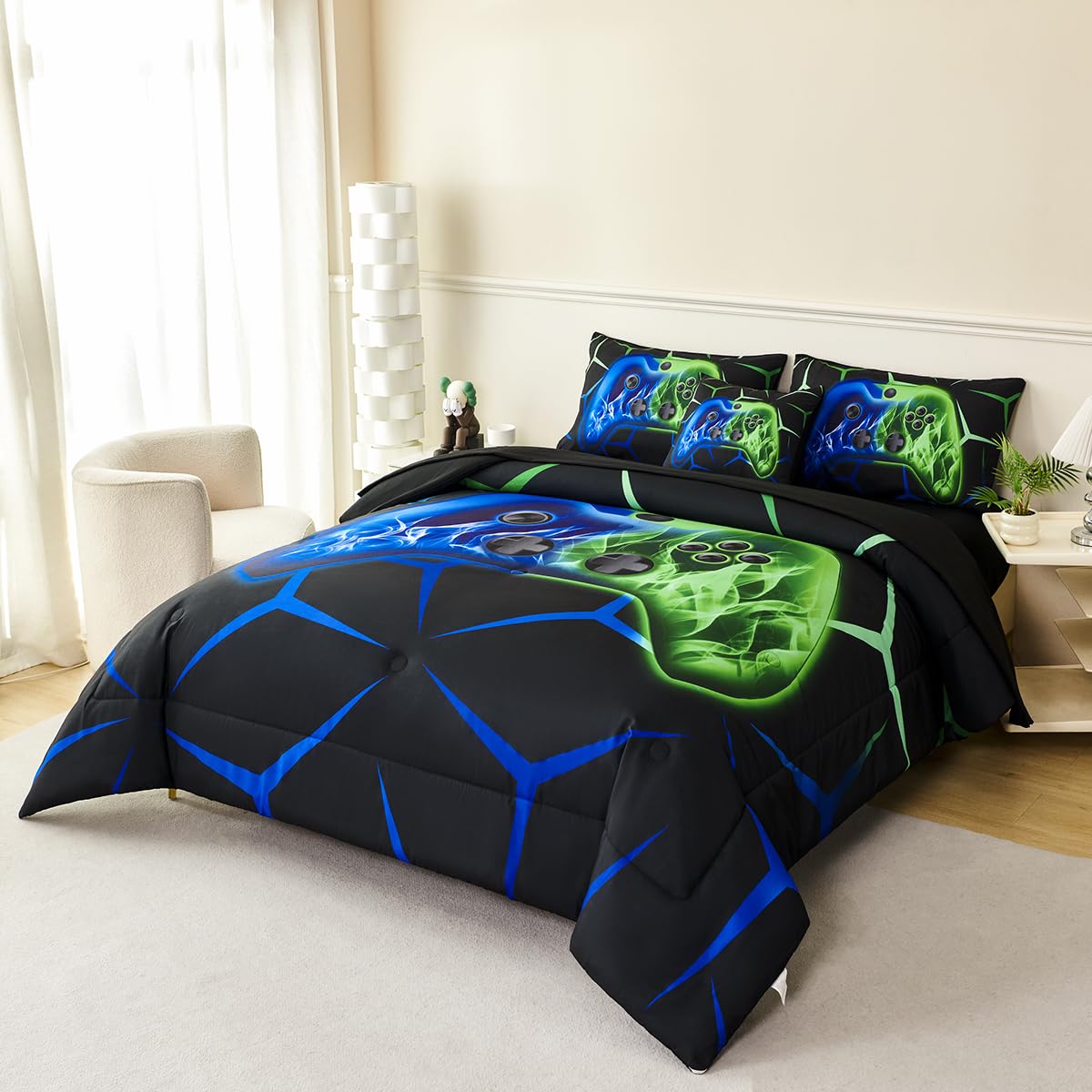 ZSYAYAHA Queen Gaming Bedding Set for Boys 6 Pieces Blue and Green Kids Bed in A Bag with Sheets Lightwight 3D Gamepad Bedding Comforter Set for All Seasons(Blue Green, Queen)