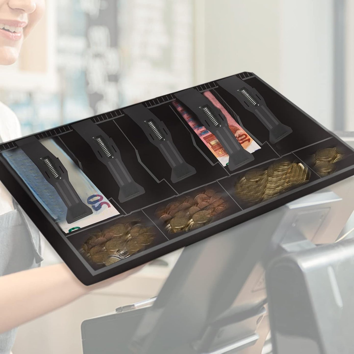 Cash Register Drawer for Money Storage, Cash Tray with 5 Bill/4 Coin Compartments for Supermarkets, Shops, Hotels (Black)