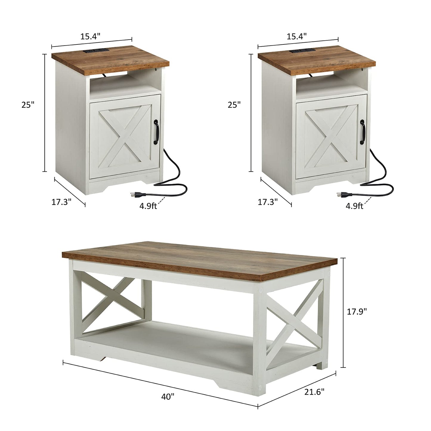 AMERLIFE 3-Piece Farmhouse Living Room Table Set with Coffee Table & 2 End Tables, Charging Station & USB Ports, Distressed White