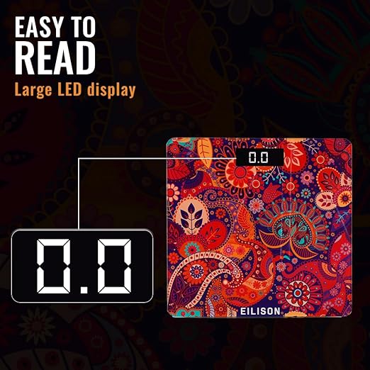 Eilison Indian Art Digital Body Weighing Scale 400lbs, Precision Step-on Bathroom Scale, Accurate & Large LED Display, Weight Verification, Thick Tempered Glass (Indian Art)