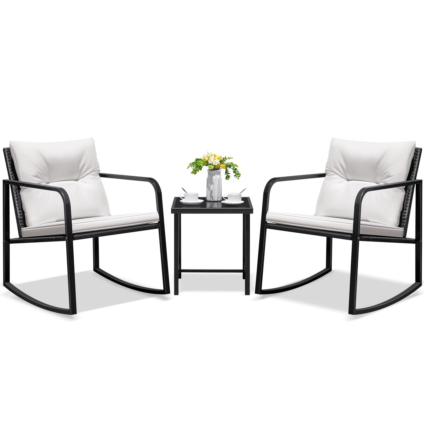 Greesum 3 Pieces Rocking Wicker Bistro Set, Patio Outdoor Furniture Conversation Sets with Porch Chairs and Glass Coffee Table, Beige