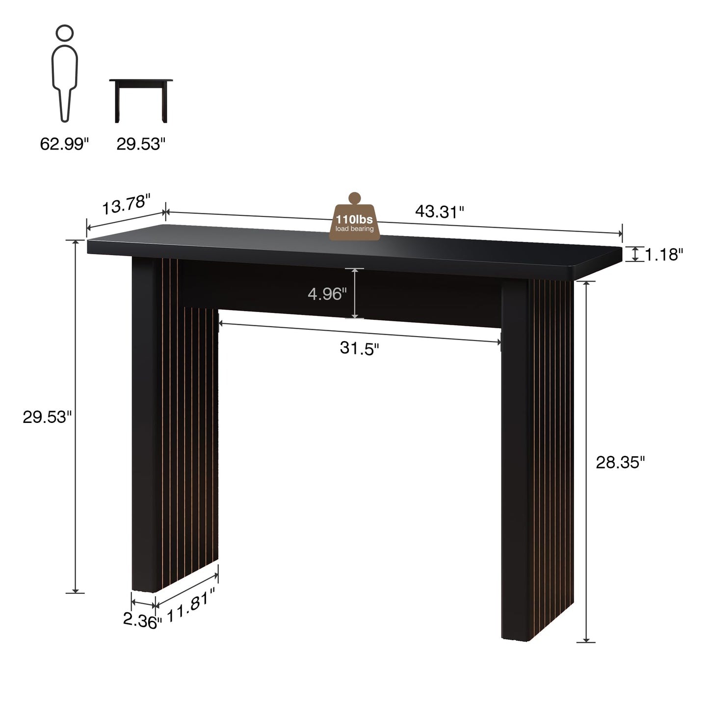 RUSTYER Fluted Entryway Console Table, Wooden Rectangular Sofa Table for Entrance, Narrow Wood Entryway Small Long Entry Table for Hallway, Living Room (Black)