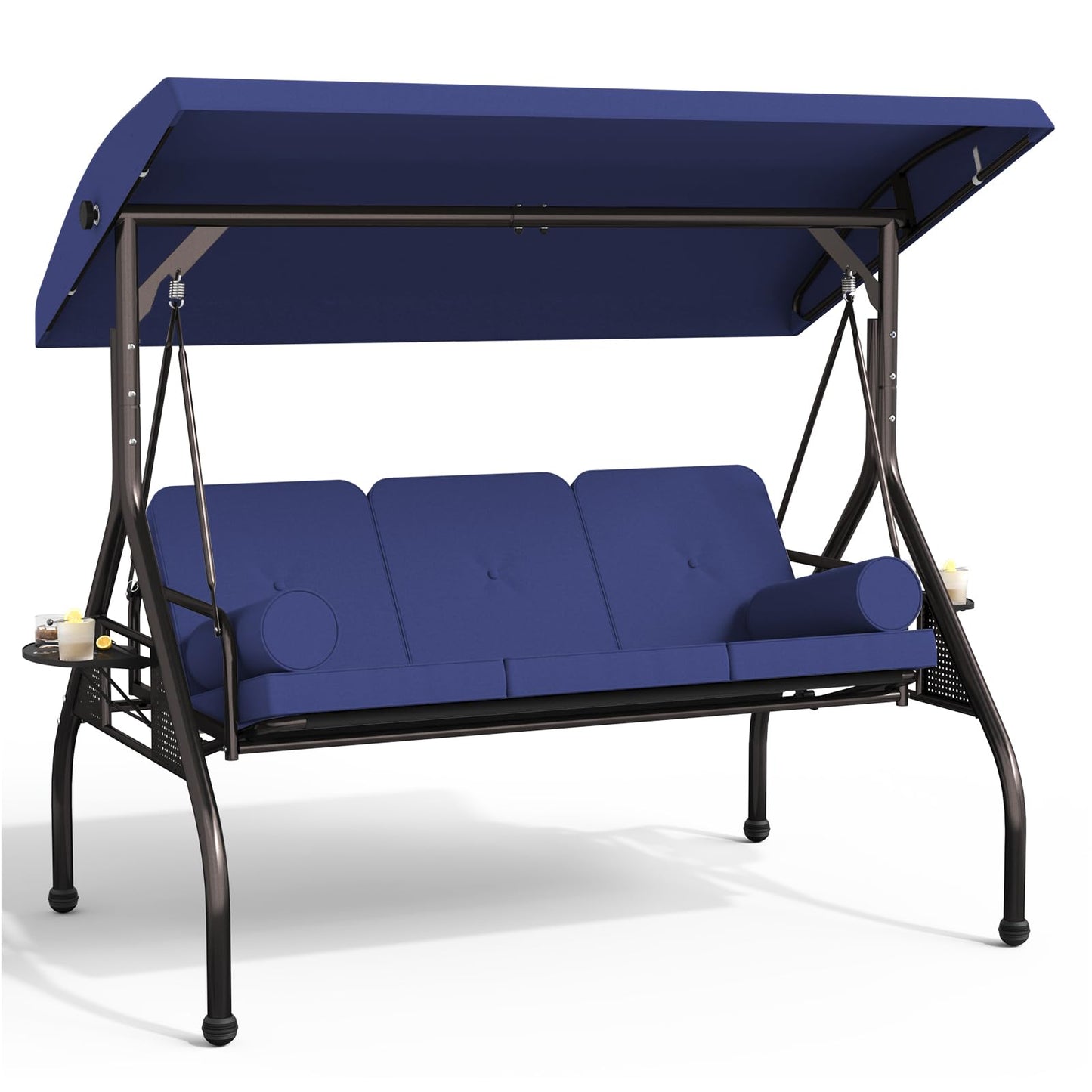 Oakcloud 3-Seat Outdoor Porch Swing with Adjustable Canopy, Large Converting Swing Chair, Patio Swing Glider with Pillows & Thick Cushions for Poolside Balcony Backyard (Blue)