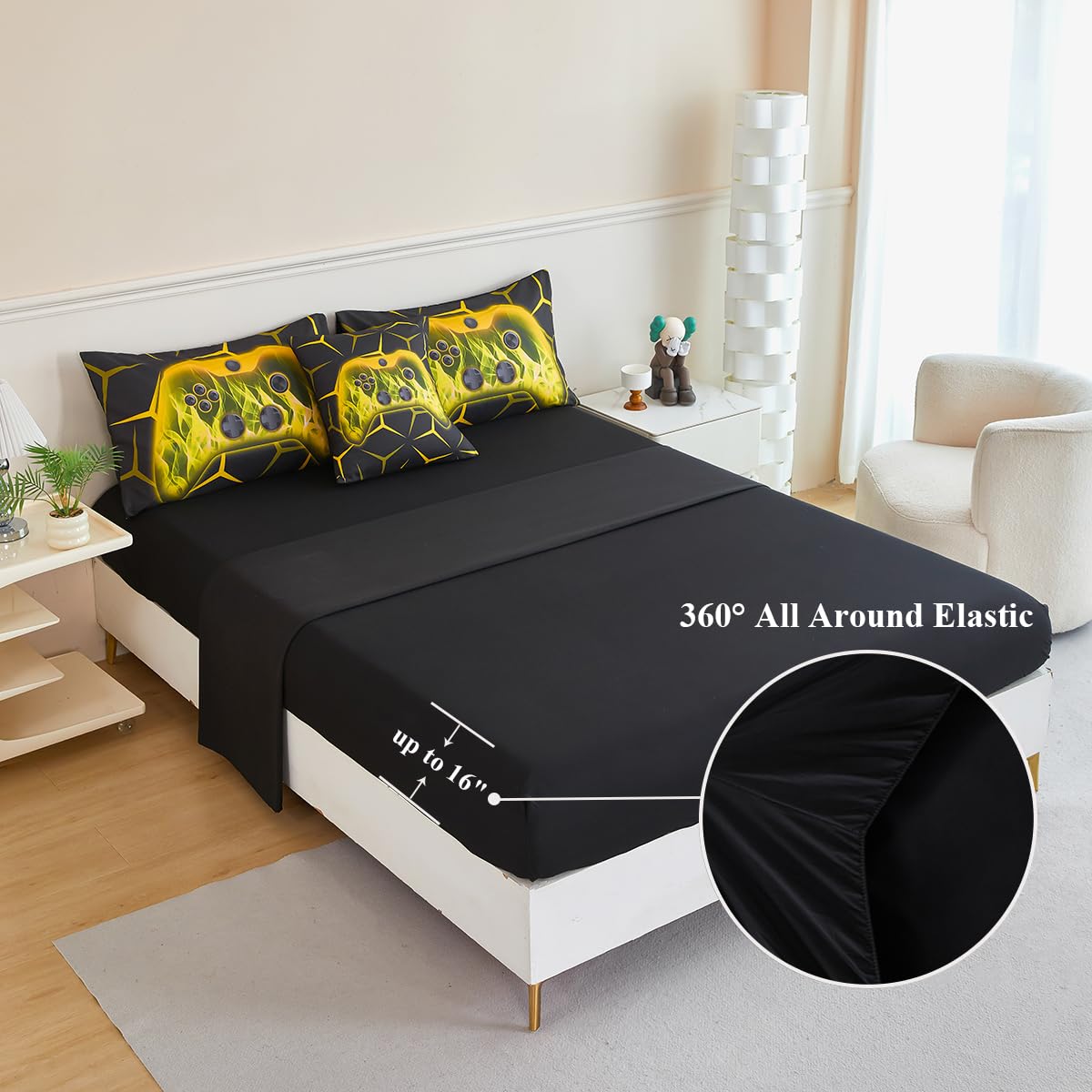 ZSYAYAHA Twin Comforter Set Black Boys Bed Set Geometric Gaming Bedding Set for Kids 6 Pieces Bed in A Bag Set Soft Yellow Game Action Buttons Bedding Set for All Season(Yellow, Twin)