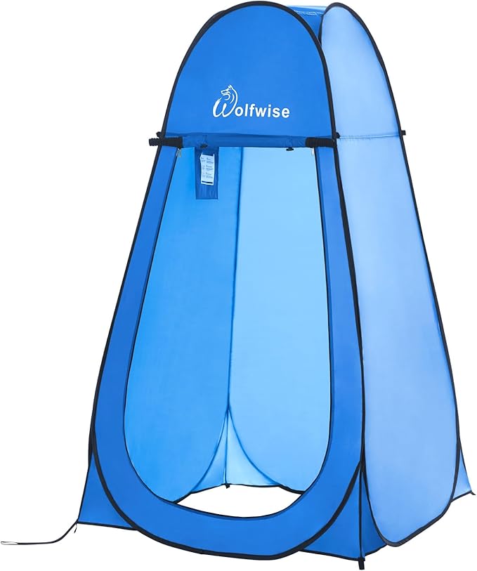WolfWise Portable Pop Up Privacy Shower Tent, Spacious Changing Room, Dressing Room, Sun Sunshade Canopy Outdoor Rain Shelter, Backpack Privacy Shelters for Camping, Hiking, Beach, Toilet, Large Blue