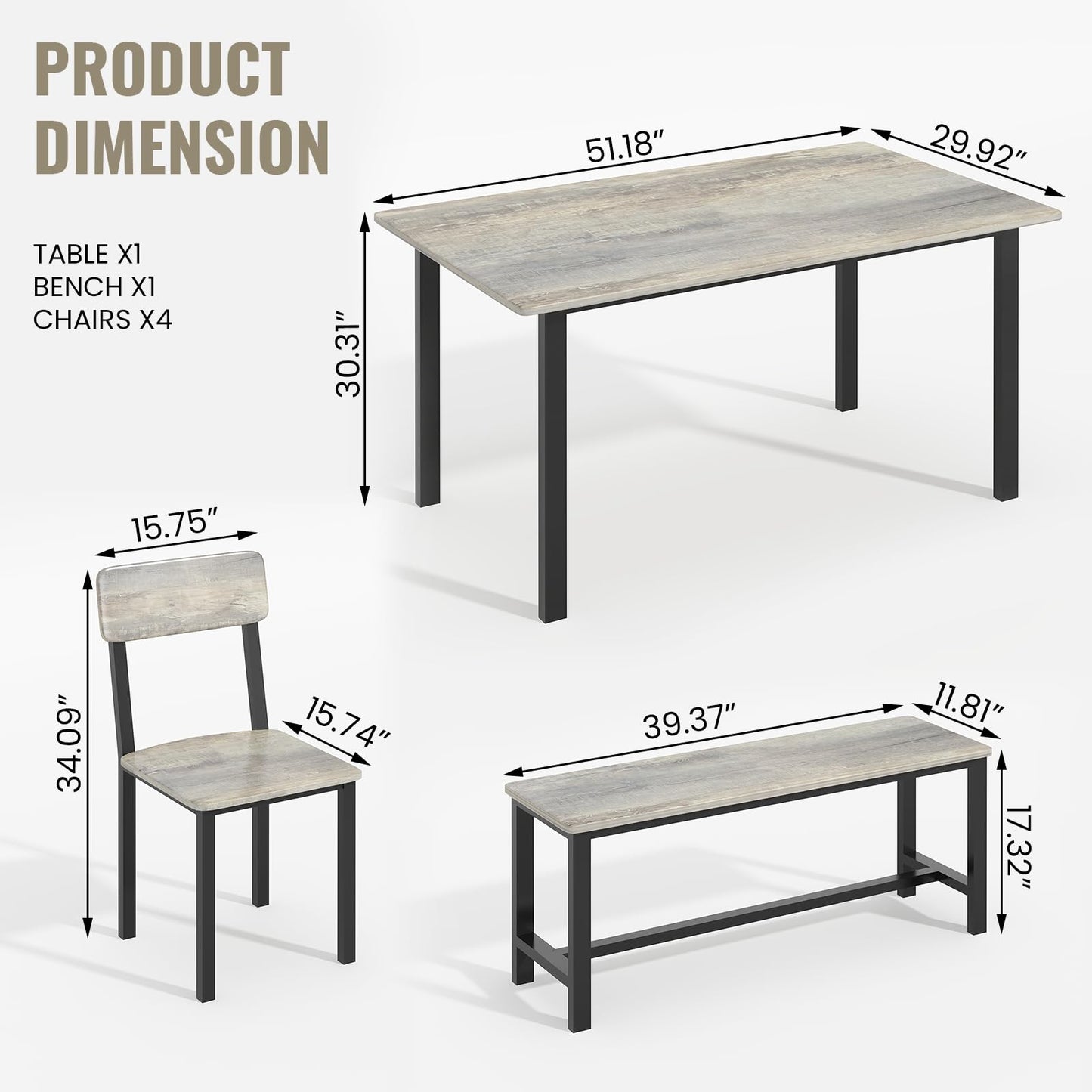 AWQM 6-Piece Dining Set, Modern Dining Table Set for 4-6,Kitchen Table Set with Chairs and Bench,Dining Room Table Set with Metal Frame & MDF Board, Table & Chairs Set for Small Space,Apartment,Grey