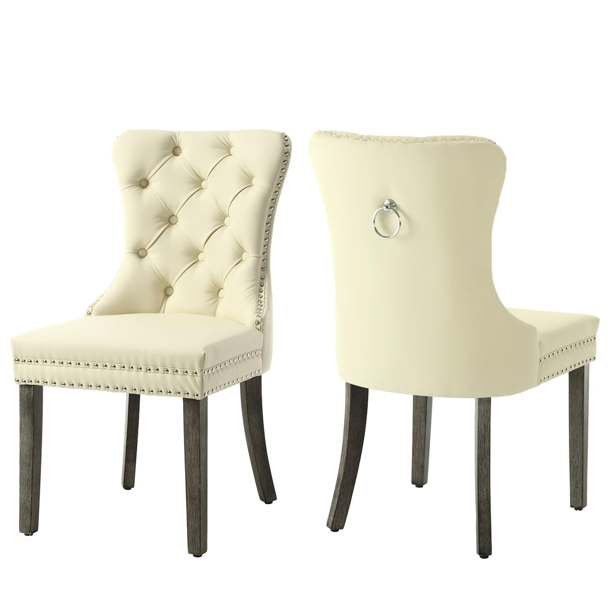 GOOLON PU Leather Dining Chairs Set of 2, Upholstered Button Tufted Dining Room Chairs with Rivet Trim Metal Pull Ring Wood Legs for Kitchen, Restaurant, Beige