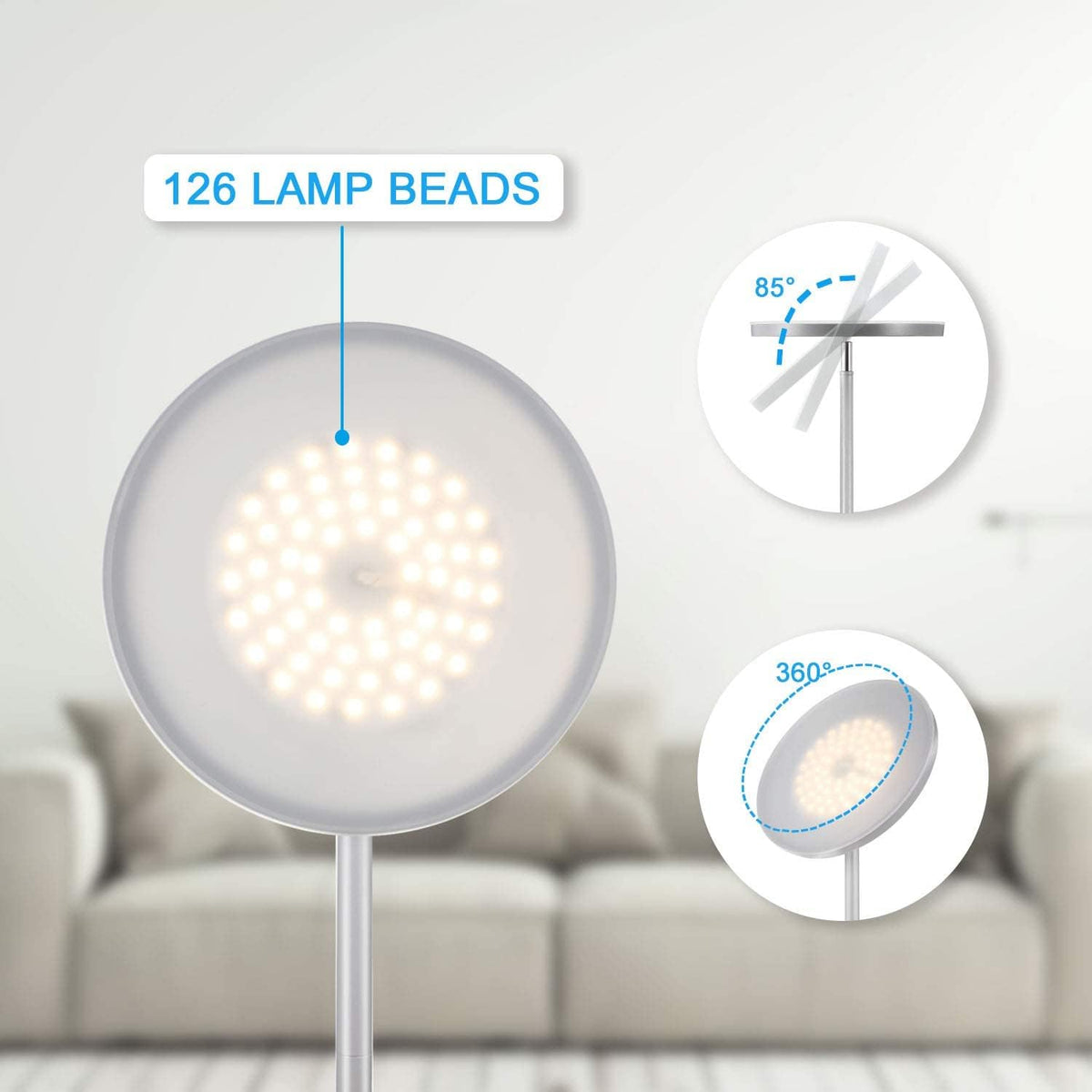 JOOFO LED Torchiere Floor Lamp with Remote, Stepless Dimmable, Silver