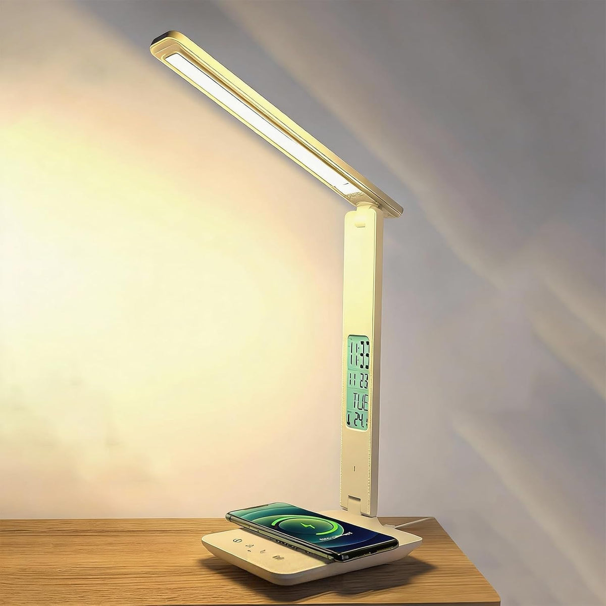 Smart Alarm Clock Lamp with Transparent Display,Wireless Charger Station,Dimmable Table Lamp with 3 Color Modes 5 Brightness,180° Flexible Desk Light for Bedroom,T26 White.