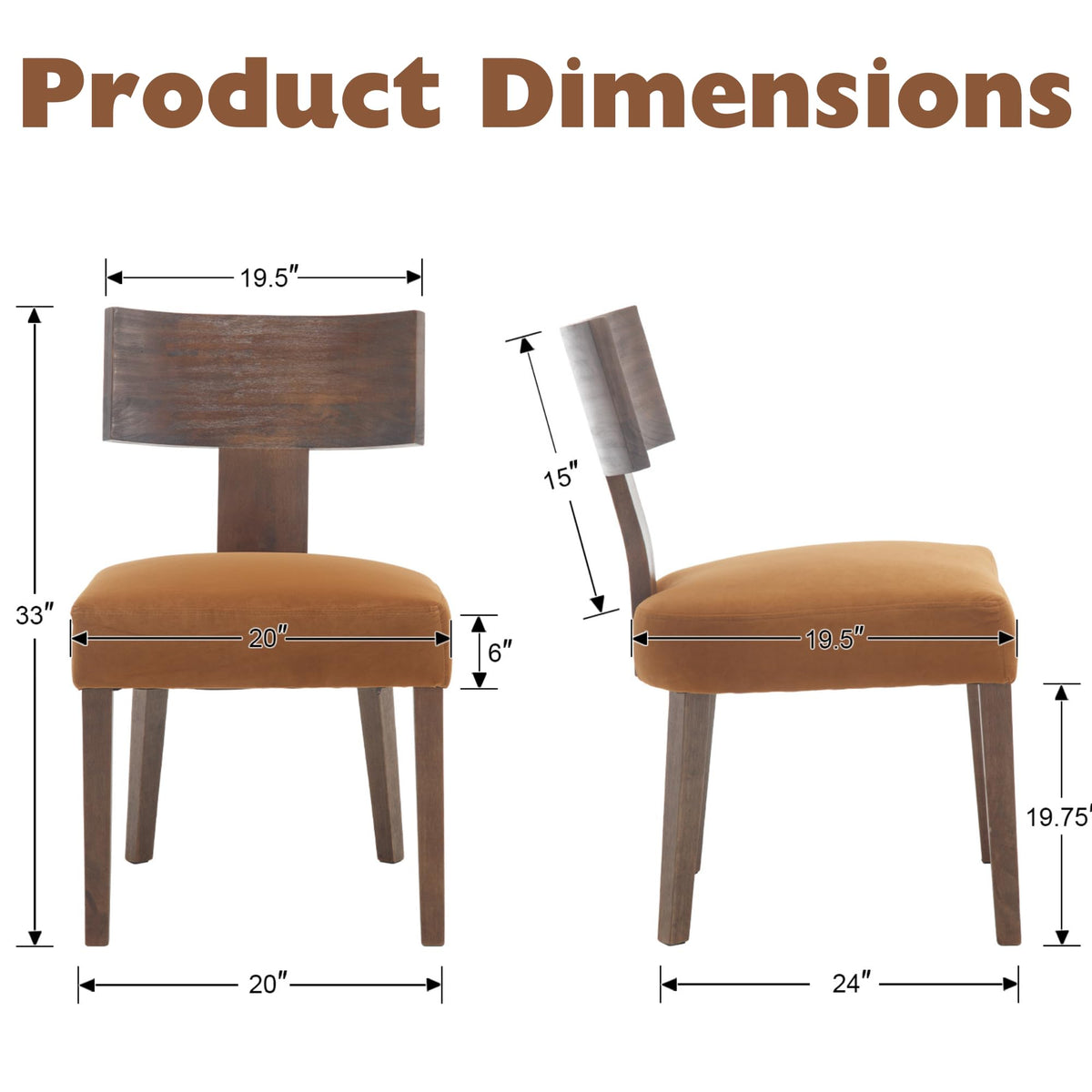 Janoray Farmhouse Dining Chairs Set of 6, Upholstered Dark Brown Wooden Chairs with T-Shape Back, Armless Kitchen Chairs Comfy Accent Chairs, Velvet Orange