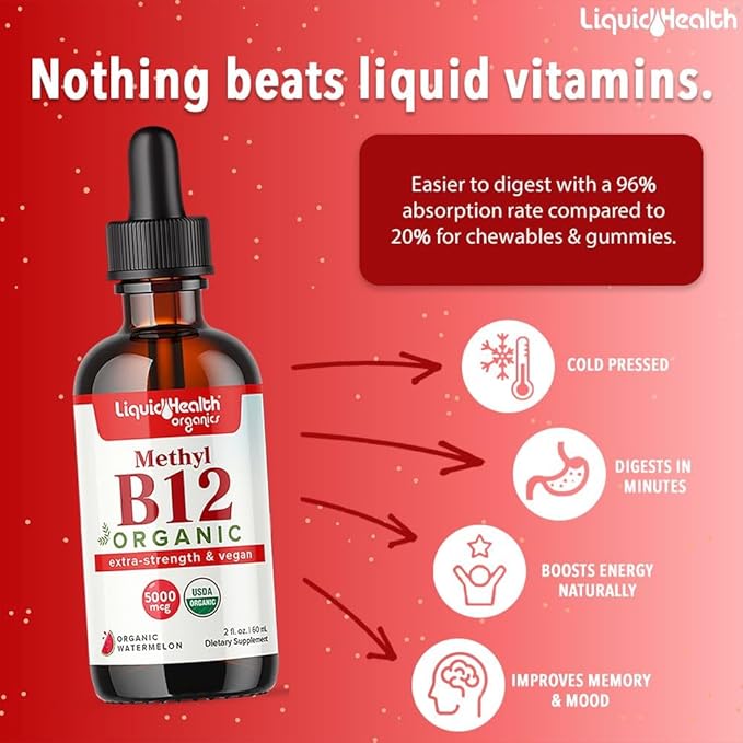 LIQUIDHEALTH Neurologic Nootropic Focus Supplement & Organic Methyl B12 5000mcg Vitamin Drops with Tart Cherry Juice for Immune Support, Improved Memory & Concentration, Natural Energy, Overall Health