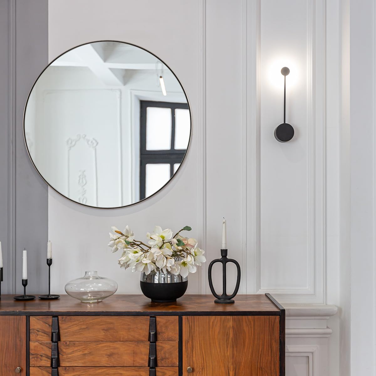 ANDY STAR 36'' Chrome Round Mirror, Polished Silver Round Bathroom Mirror, Big Circle Wall Mirror in Metal Frame, Large Vanity Mirror for Entryway, Living Room, Washrooms