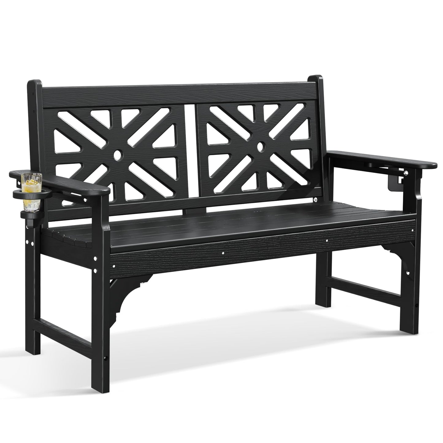 nalone Outdoor Bench with Cup Holders, HDPE All Weather Porch Bench Load up to 800 Lbs, 2-Person Garden Benches Rot-Proof Fade Proof for Patio, Porch, and Park (Black)