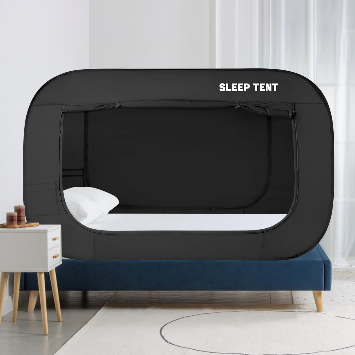 BORNA Bed Canopy Bed Tent Dream Tents Autism Shelter Cabin Indoor Sleeping Tents Privacy Warm Breathable Pop Up Twin Size Double Door with Mosquito Mesh Window for Kids and Adult (Black)