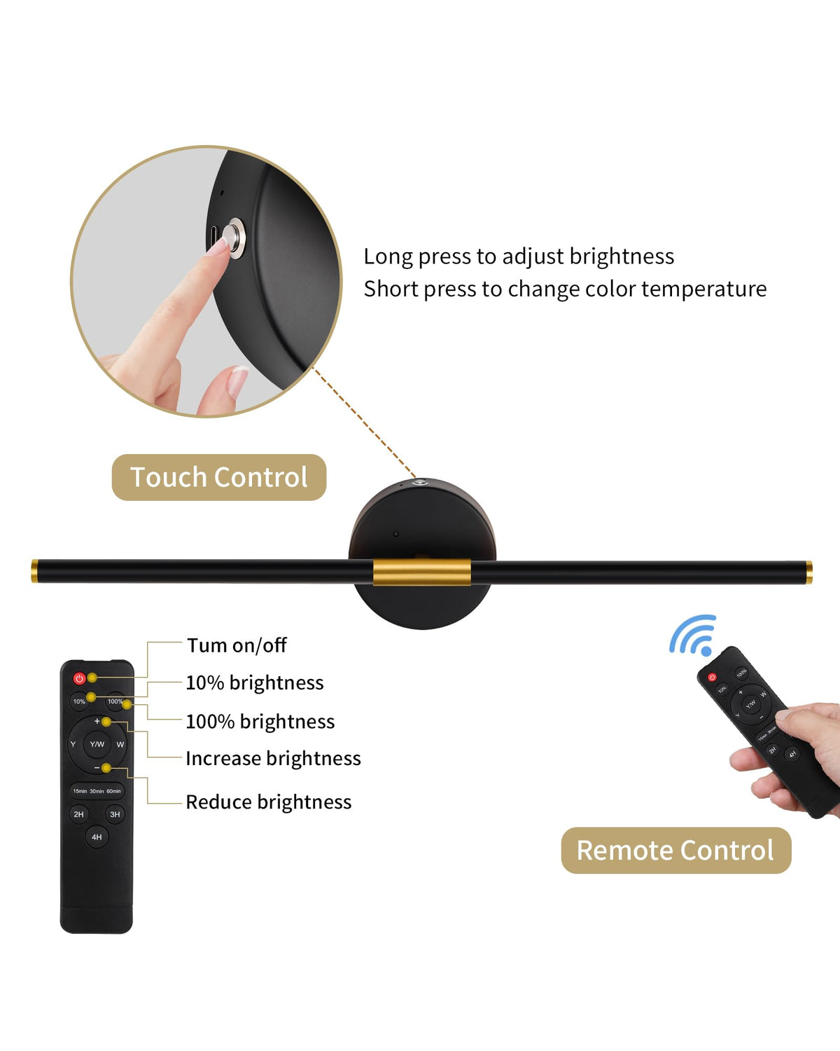 Battery Operated Wall Sconce Set of 2, 10000mAh Wireless Rechargeable Wall Lights with Remote, 24 Inch Dimmable 3000K-6000K LED Wall Lamps with Timer for Living Room, Bedroom, Black Gold, 350° Rotate