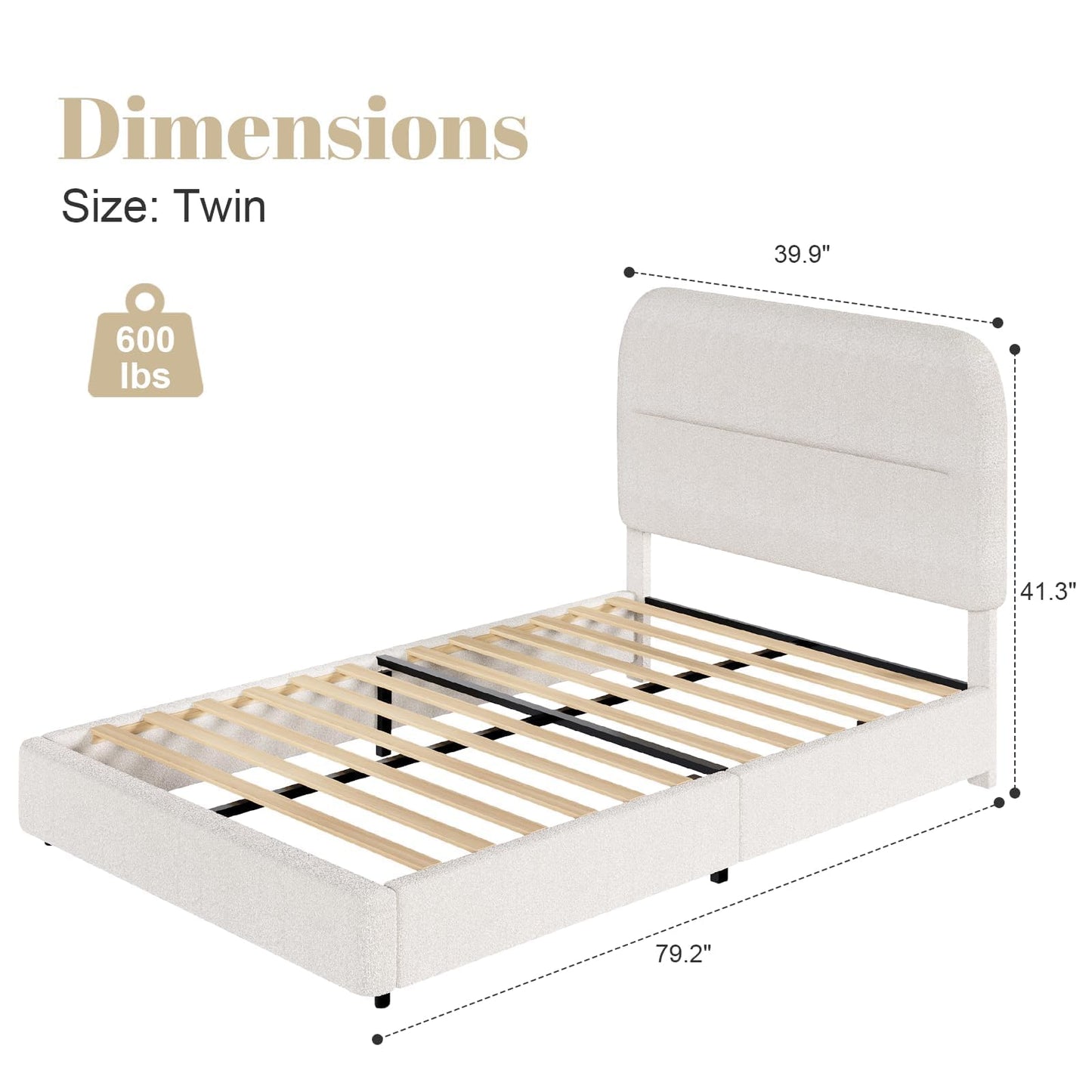 HOMBCK Twin Size Boucle Upholstered Bed Frame with Headboard, Twin Bed Frame for Kids, Soft Rounded Corners, Wooden Slats, No Box Spring Required, Easy Assembly, Cream