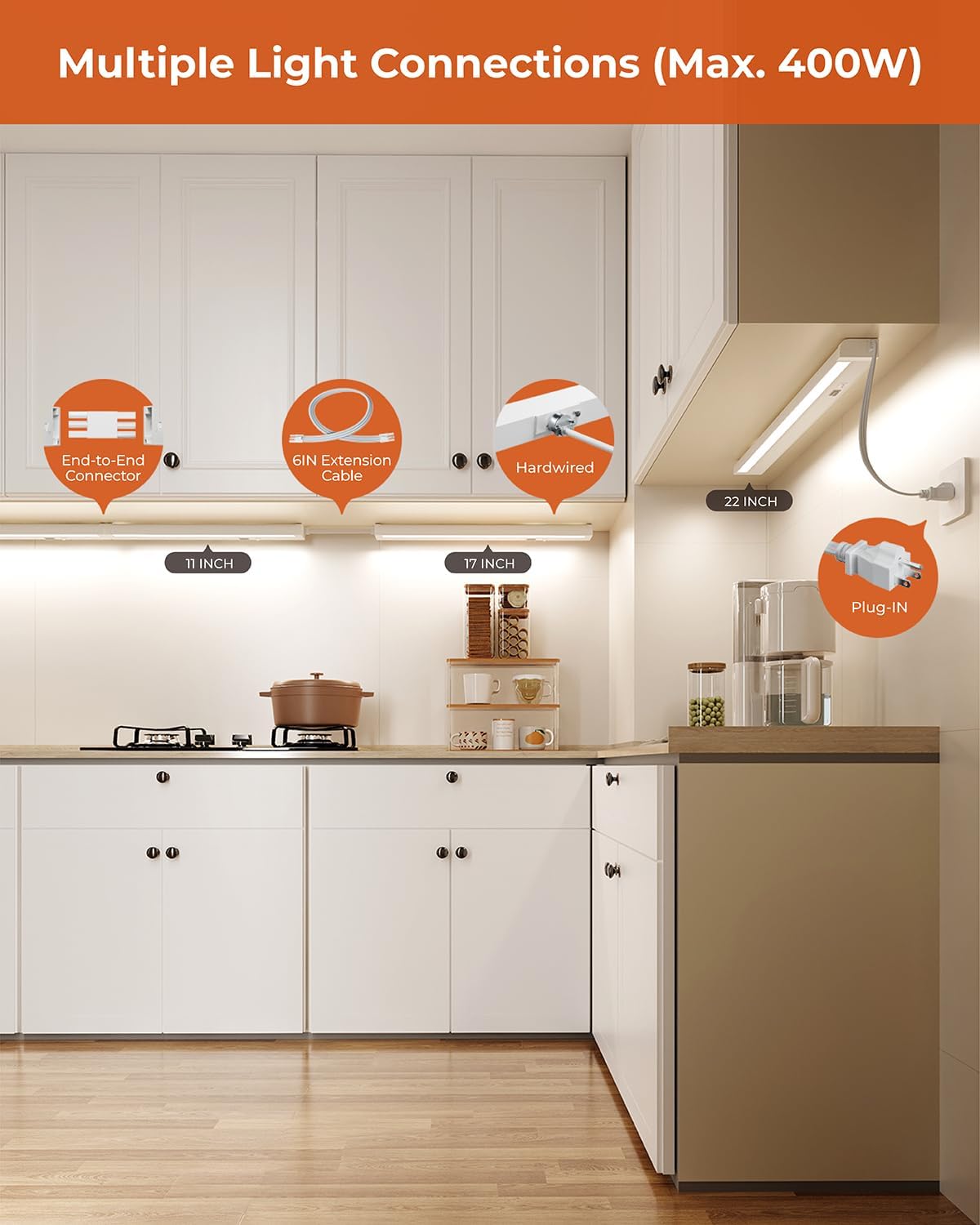 Matane 22IN Hardwired Under Cabinet Lights, Soft White 3000K, Bright White 4000K, Daylight White 5000K, 120V Dimmable LED Under Cabinet Lighting for Kitchen, 13W ETL Listed