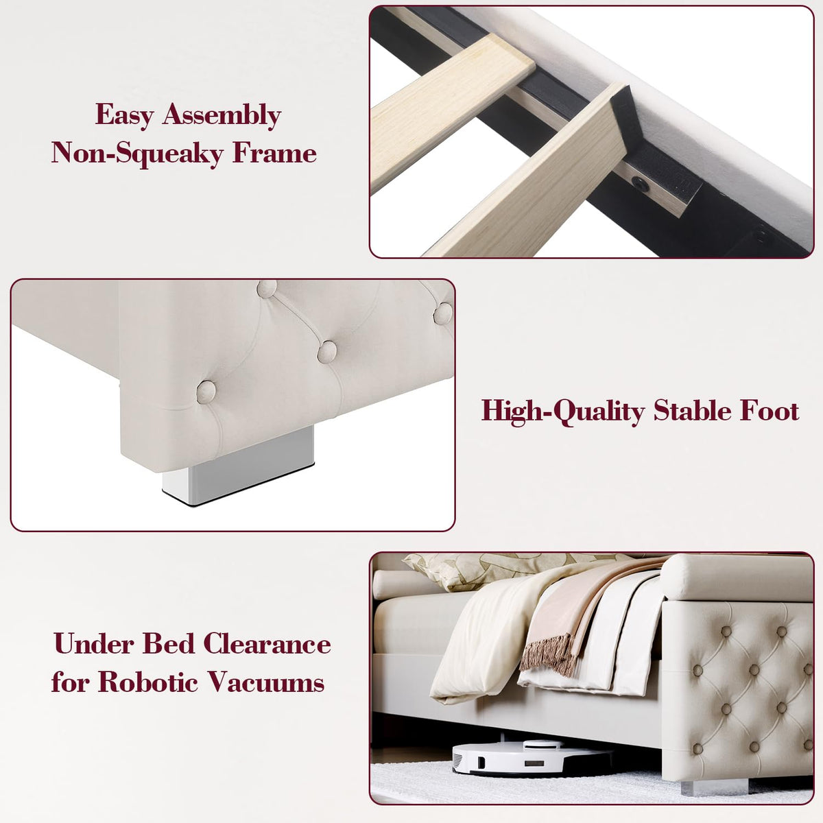 ROCHECASA Queen Bed Frame with Bookcase Storage and Charging Station, 50.6" Tall Velvet Upholstered Sleigh Bed with LED Light, No Box Spring Needed, Easy Assemble, Cream