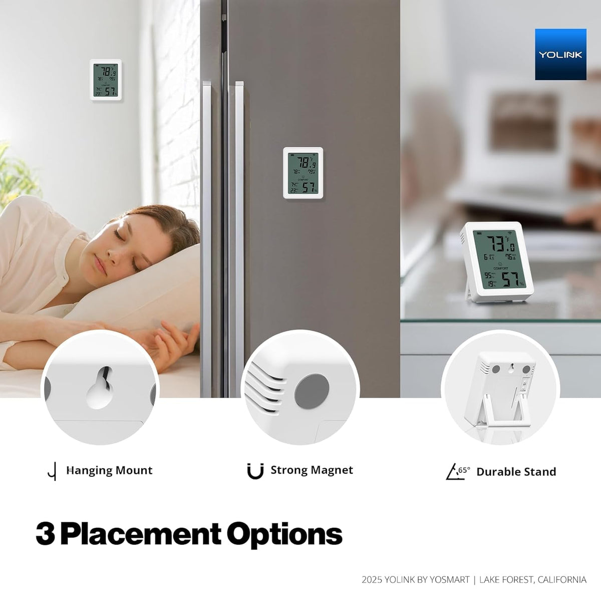 YoLink Indoor Thermometer Hygrometer 3-Pack YS8023 with LCD Comfort Display, Magnetic Mount for Kitchen Use, Max/Min Tracking, LoRa, 5-Year Battery, Alexa/IFTTT, Hub Included