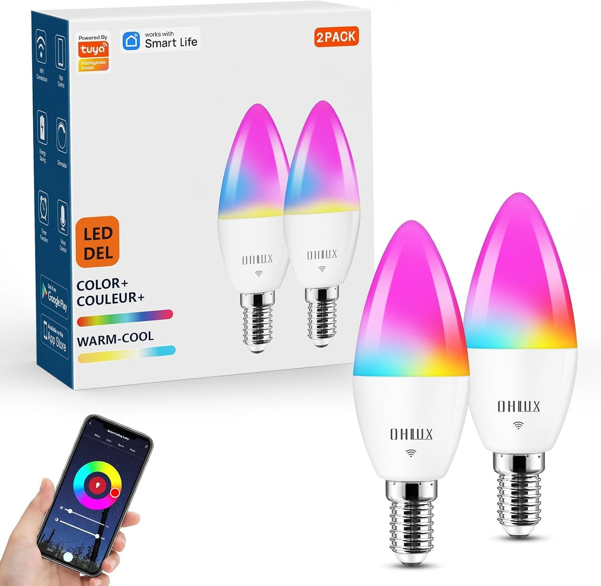 OHLUX Smart Light Bulbs 8Pack, WiFi & Bluetooth, RGB Color Changing, 100W Equivalent, Dimmable, A19 E26 110V, Compatible with Alexa, Google Assistant, Music Synic