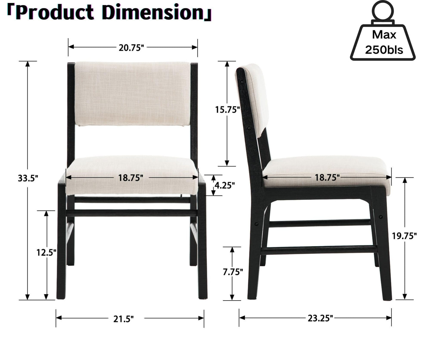 HNY Set of 4 Beige Linen Dining Chairs with Black Wood Frame, Modern Fabric Upholstered Kitchen Chair with Rectangular Back, Armless Wooden Kitchen & Dining Room Accent Side Chairs for Living Room