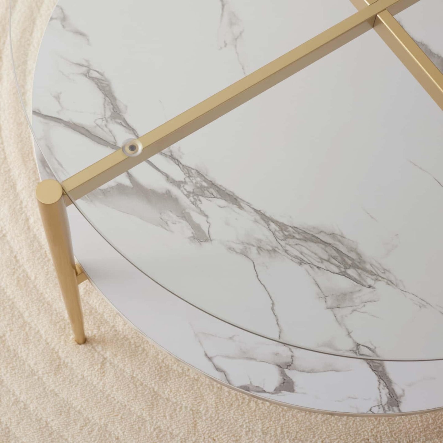LumFurn Round Coffee Table for Living Room, Mid-Century Modern Design, D30 x H17, 2-Tier Structure, Clear Glass Top and White Marble Finish Wood Shelf, Sleek Conical Metal Legs with Gold Finish Frame