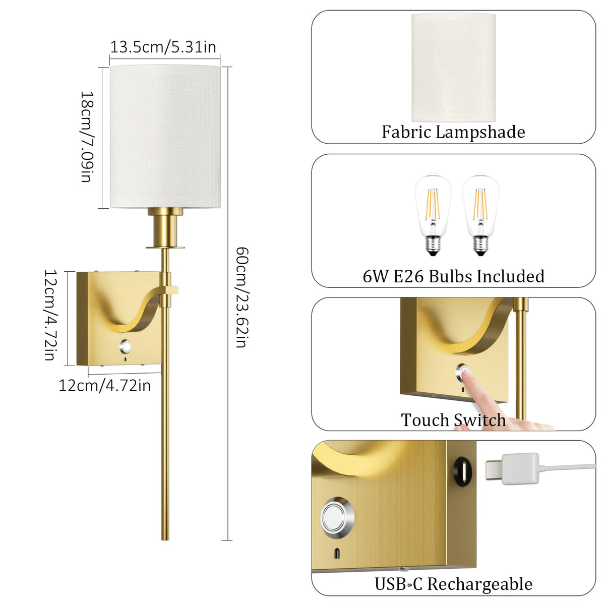 Coinmit Battery Operated Wall Sconces Set of Two,Cordless Dimmable 6000mAh Rechargeable Wireless Wall Light Indoor with Remote Control for Bedroom(Bulb Included)