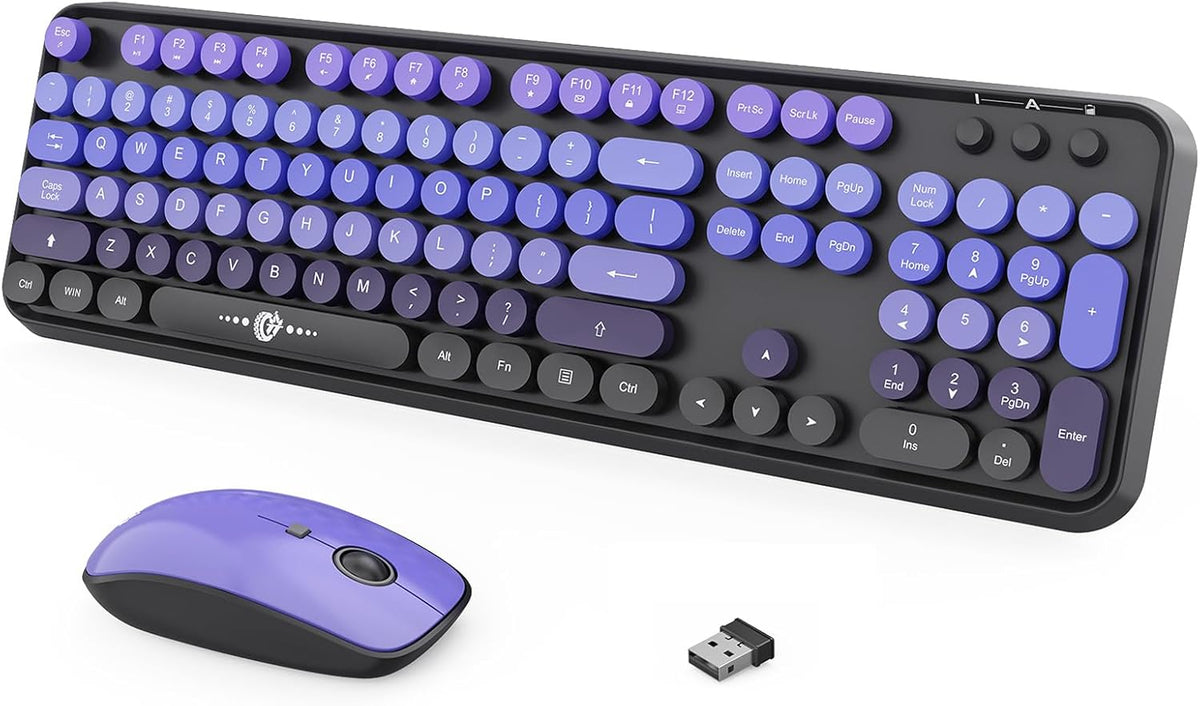 Wireless Keyboard and Mouse Combo,Retro Typewriter Style Round Keys,Purple