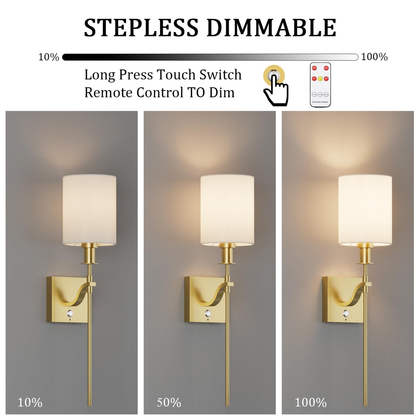 Coinmit Battery Operated Wall Sconces Set of Two,Cordless Dimmable 6000mAh Rechargeable Wireless Wall Light Indoor with Remote Control for Bedroom(Bulb Included)