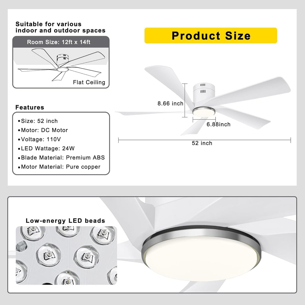Ohniyou 52” Flush Mount Modern White Ceiling Fan with Lights