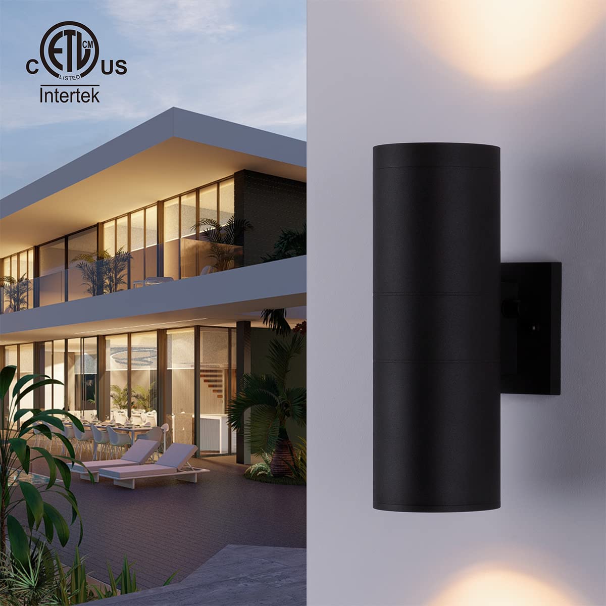 mirrea Modern Outdoor Porch Light Patio Light in 2 Lights Dusk to Dawn Photocell Sensor with Matte Black Aluminum Cylinder and Tempered Glass Cover Waterproof Wall Sconce 2 Pack
