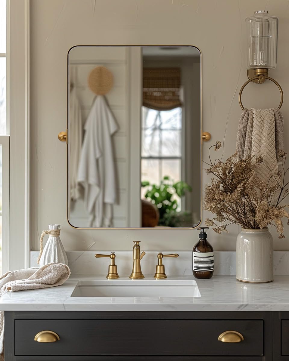 ANDY STAR 20"x30" Brushed Gold Pivot Mirror for Bathroom, Brass Metal Frame Bathroom Mirrors for Wall，Rectangle Titling Vanity Wall Mirror with Rounded Corner Design Hangs Vertically Only