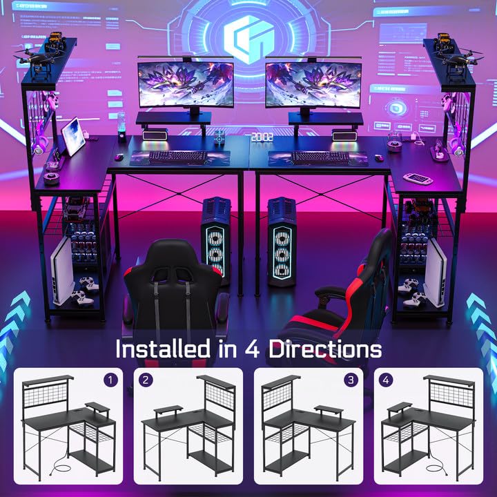 OtterOasis L Shaped Gaming Desk, Reversible Computer Desk with 4-Tier Shelves, Corner Desk with Pegboard, Home Office Desk with LED Lights & Power Outlets Gaming Desk with Storage, Black