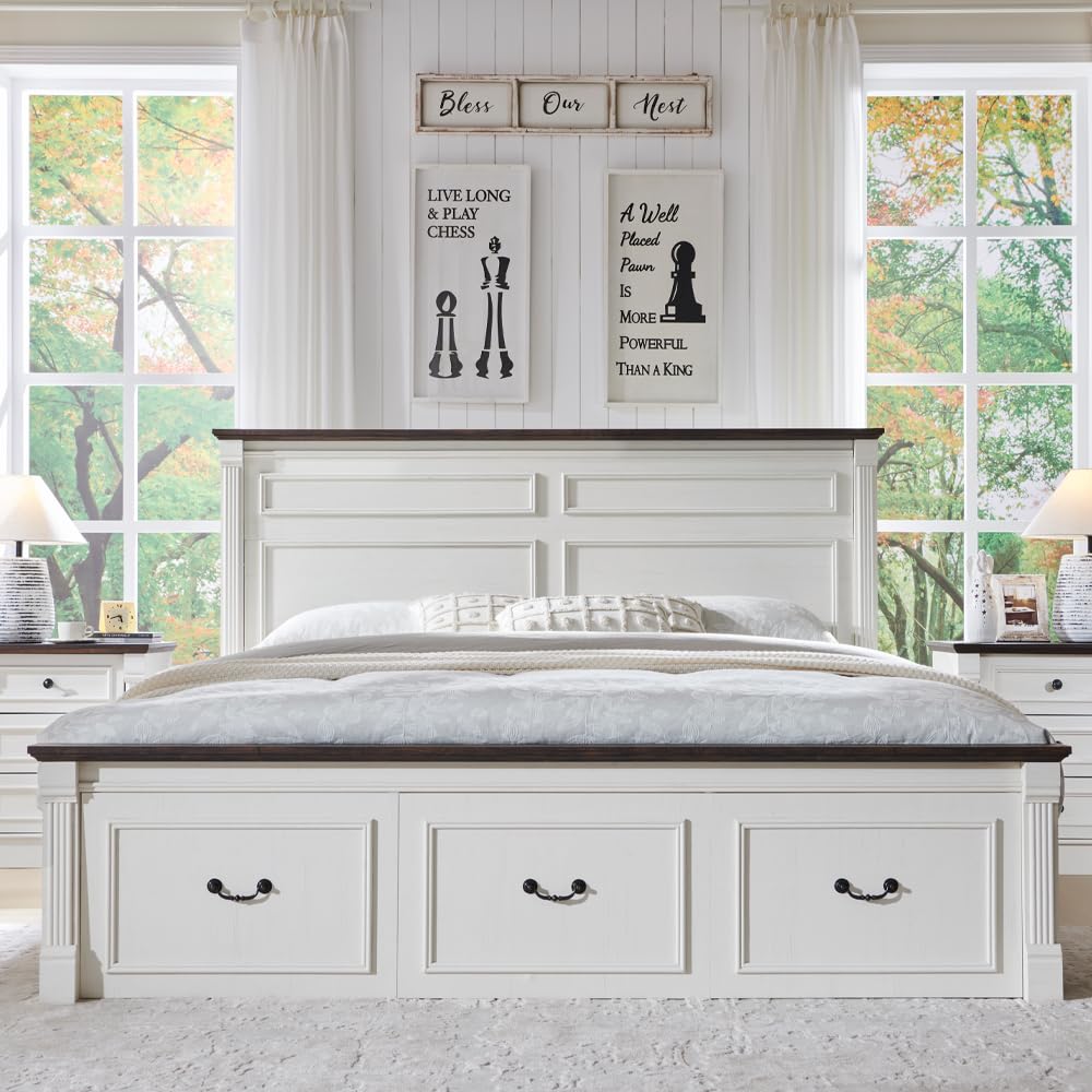 Aitjunz Farmhouse King Size Bed Frame with 51" Tall Headboard, Wood Platform Bed Frame with 20" Tall Roman Column Decoration Footboard & 3 Large Storage Drawers, No Box Spring Needed (White)