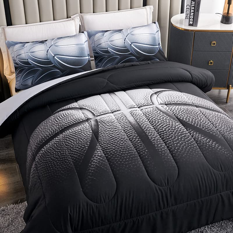 Helloosuu Basketball Comforter Set,Sports Basketall Bedding Set with Pillowcases, Boys Comforter Set Twin,Black Ultra Soft Microfiber Kids Bed Set,Basketball Bedding for Teen Boy Kids