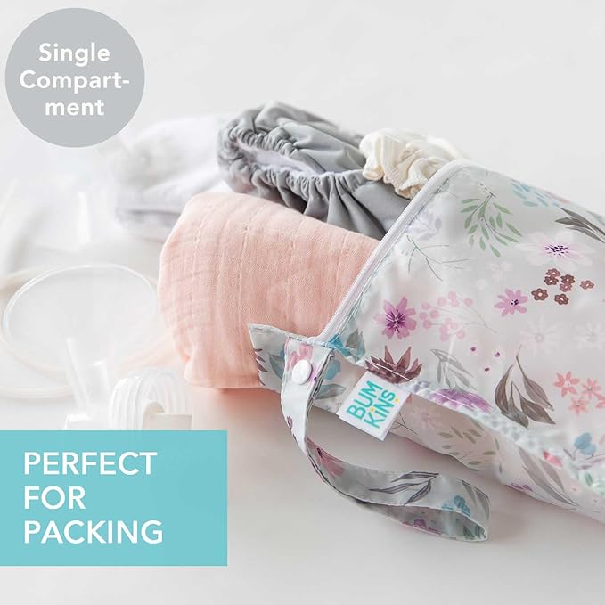 Bumkins Waterproof Wet Bag for Baby, Travel, Swim Suit, Cloth Diapers, Pump Parts, Pool, Beach, Gym Clothes, Toiletry, Hook to Stroller, Daycare, Zipper Reusable Wetdry Packing Pouch, Florals Gray