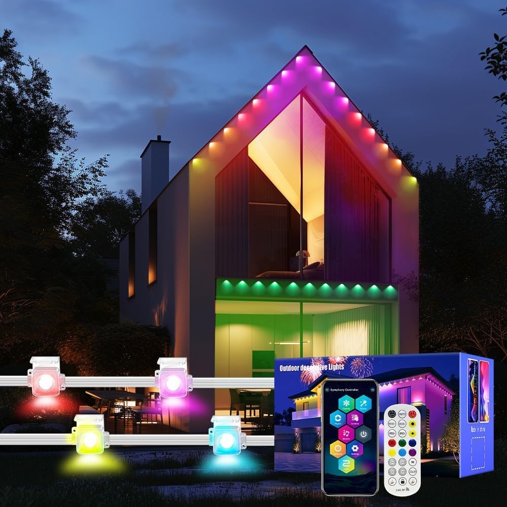 Permanent Outdoor Lights, 150FT RGB LED Smart Eaves Lights with 90 LEDs, IP67 Waterproof, Remote/APP Control, DIY Scene Modes, Music Sync Lighting for Party, House, All Holiday Decorations