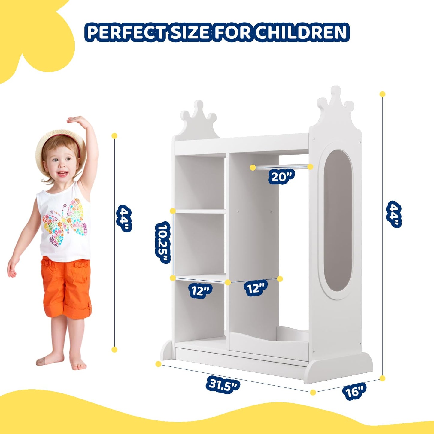 KIDINIX Kids Wardrobe with Mirror, Open Dress Up Storage Kids Armoire Wardrobe with 3 Tier Storage Shelf,2 Fabric Storage,Shoe Rack, Kids Dress Up Rack for Coats, Dance Costume, Hats, Shoes,White