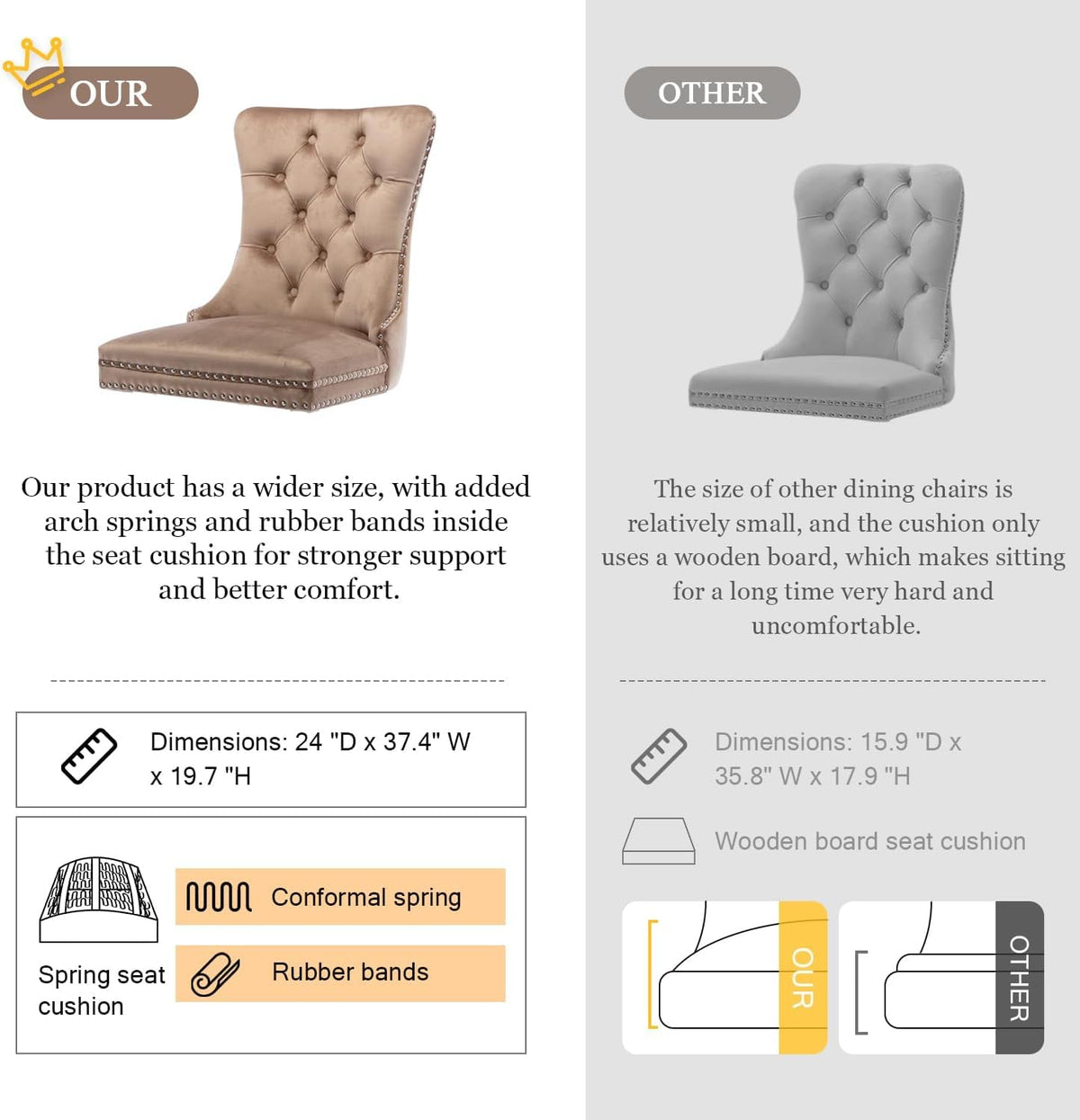 Eifizek Velvet Dining Chairs Set of 6, Tufted Dining Room Chairs with Nailhead Ring Pull Trim, Upholstered Dining Chairs with Solid Wood Legs for Kitchen Dining Room (Khaki)