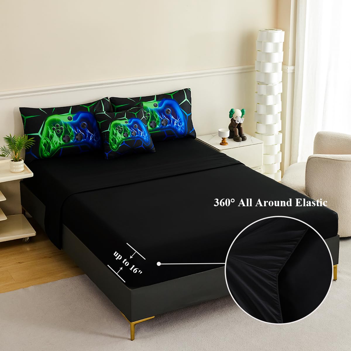 ZSYAYAHA Queen Gaming Bedding Set for Boys 6 Pieces Blue and Green Kids Bed in A Bag with Sheets Lightwight 3D Gamepad Bedding Comforter Set for All Seasons(Blue Green, Queen)