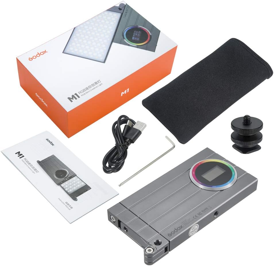 Godox M1 RGB Camera Light, Portable LED Video Light, Pocket Full Color LED Video Light Panel CRI 97+ 2500k-8500k, Music Beats Function and 15 FX Lighting Effects with Aluminum Alloy Body - Gray
