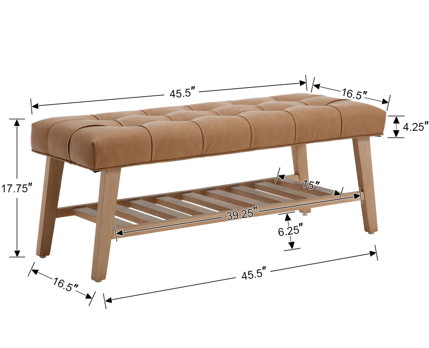 chairus Entryway Bench 2-Tier Shoe Bench Upholstered PU Leather Storage Ottoman Bench Button-Tufted End of Bed Bench with Solid Wood Shelf for Living Room, Bedroom, Hallway, Brown