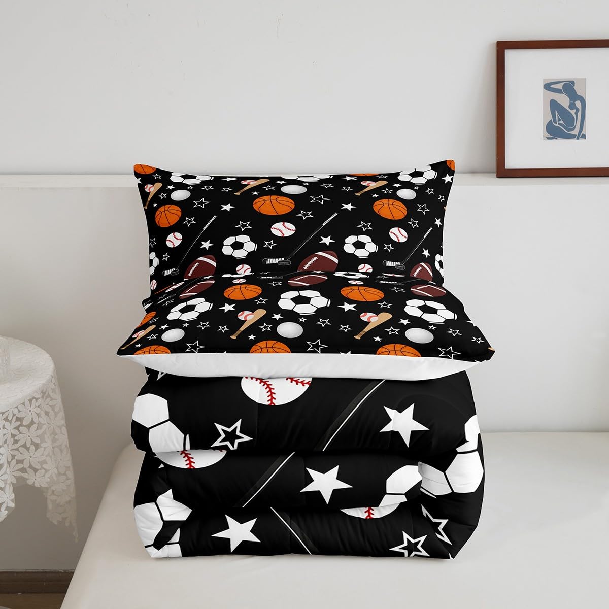 Feelyou Sports Theme Bedding Set Twin Size Basketball Football Baseball Hockey Comforter Set for Kids Boys Girls Teens Toddler Ball Games Duvet Set Black Quilt Set 2Pcs