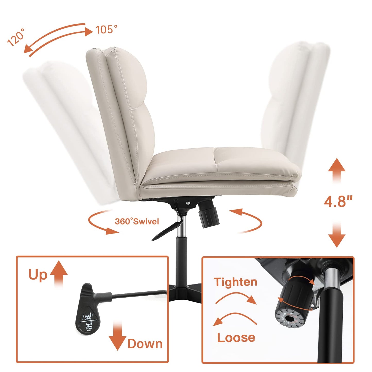 EMIAH Armless Office Desk Chair No Wheels PU-Padded Vanity Mid-Back Ergonomic Home Computer Comfortable Adjustable Swivel Task Chair with Thickened Cushion