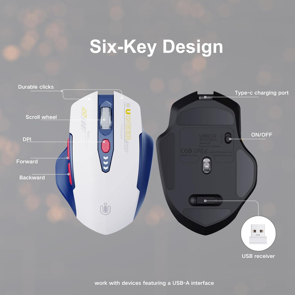 Uineer Wireless Mouse, 2.4GHz Rechargeable Computer Mouse, Battery Display