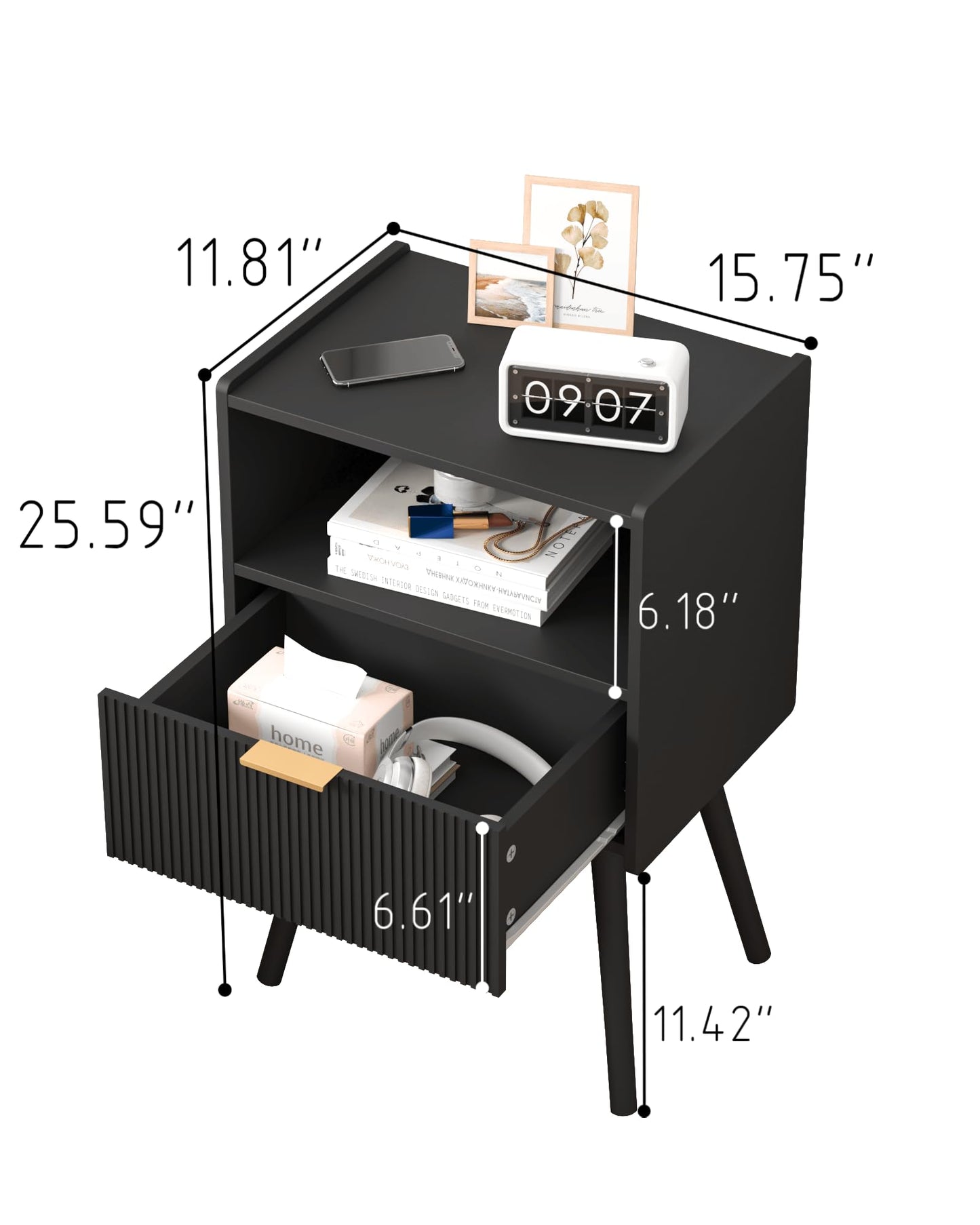 JOONEE Black Nightstand,Modern Bedside Table with Storage Drawer and Open Wood Shelf, for Living Room, Bedroom and Small Spaces, Accent Night Stand with Solid Wood Legs, Easy Assembly,Classic Black