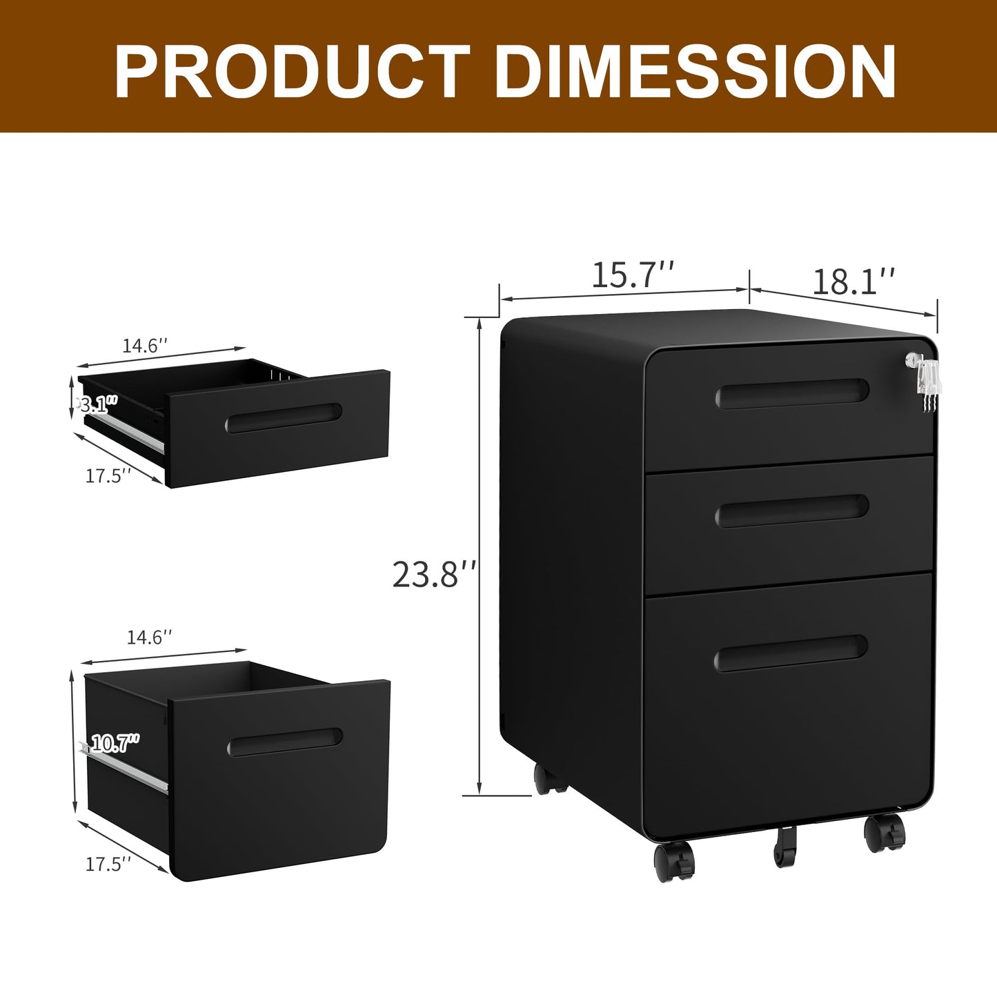 LVSTEEL 3 Drawer File Cabinet with Lock and 4 Keys, Mobile Metal Filing Cabinet, File Cabinets for Home Office, Under Desk, Pre-Assembly, File Drawer, Letter/Legal/A4 Hanging File Folders